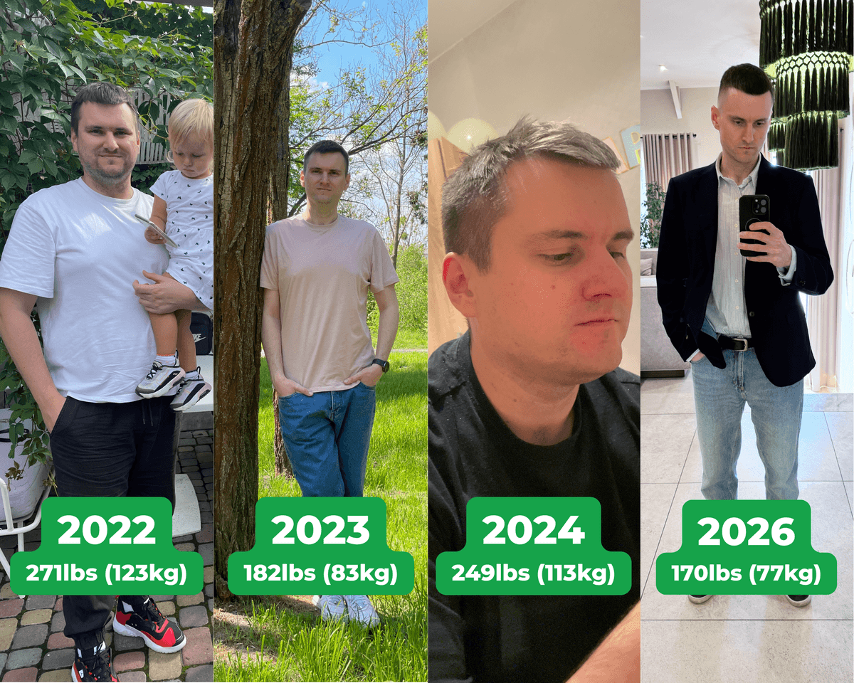 Oleksii before and after — 271 lbs in 2022, 170 lbs in 2026