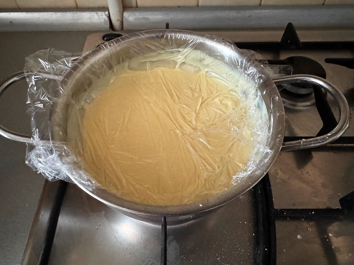 Press cling film onto the surface and cool completely